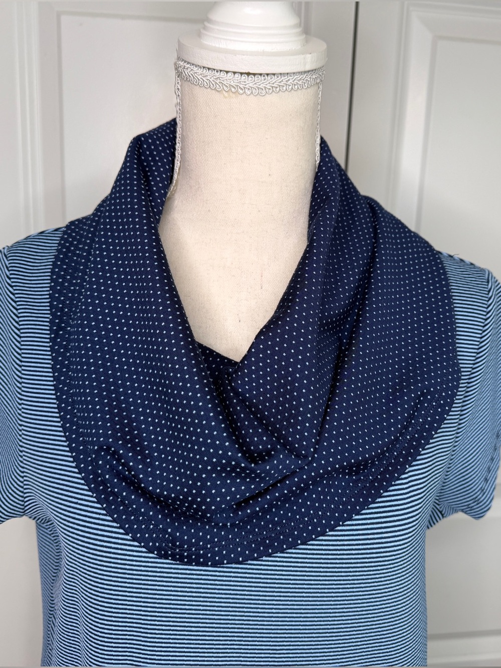 Title Nine Blue Stripe Polka Dot Layli Cowl Neck Tunic Shift Dress Medium Summer - Picture 2 of 12
